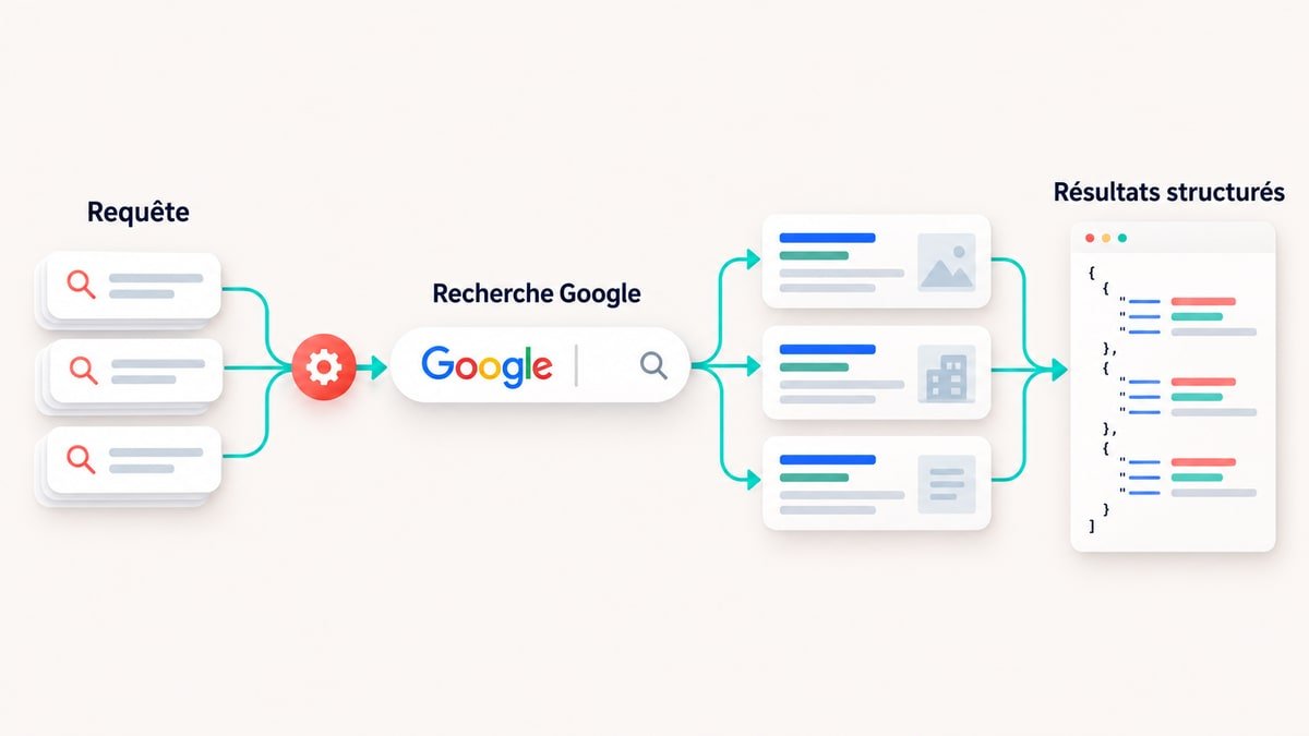 Illustration d’une automatisation : des requêtes alimentent une recherche Google, puis les résultats sont transformés en données structurées.